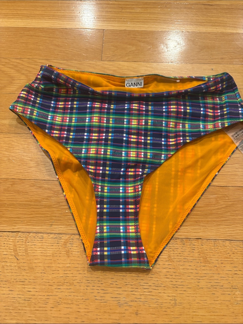 Ganni Multicolor Plaid High-Waist Bikini Bottom with Orange Lining